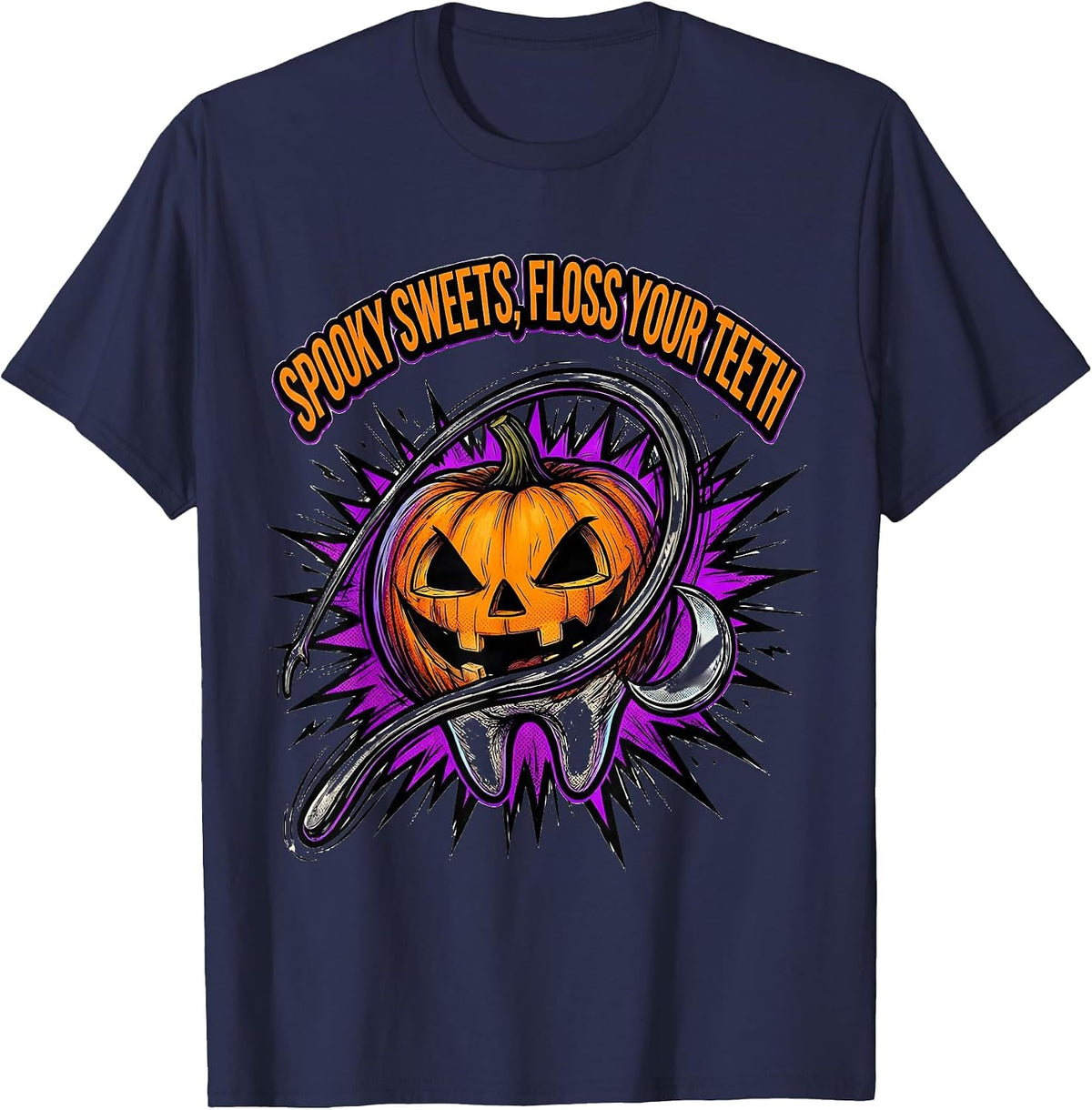 Spooky Sweets Floss Your Teeth Comic Book Dentist Halloween T-Shirt - Navy Blue