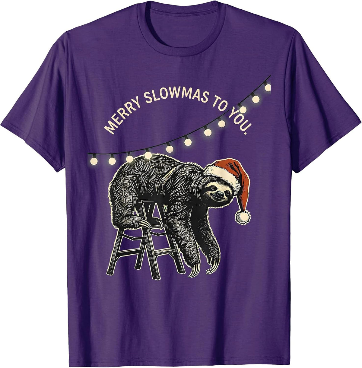 Merry Slowmas to You Funny Sloth Lover Christmas Lights T-Shirt - Purple
