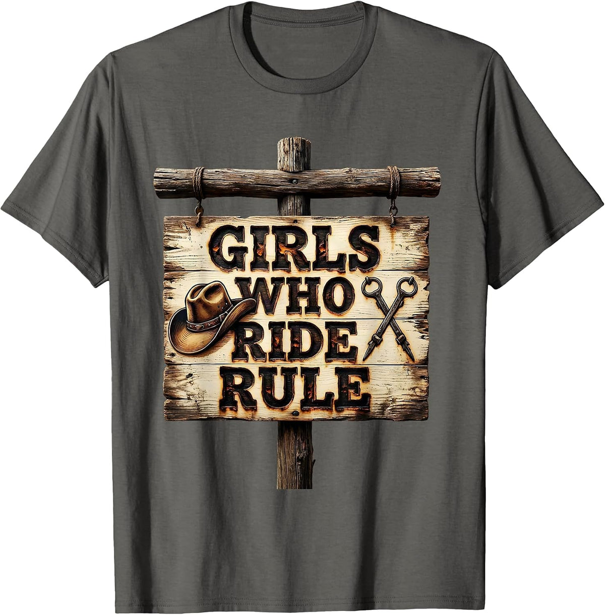 Girls Who Ride Rule Cowgirl Design T-Shirt - Asphalt Grey