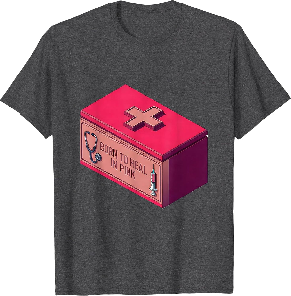 Born to Heal Pink Nurse Graphic Design T-Shirt - Dark Heather Grey
