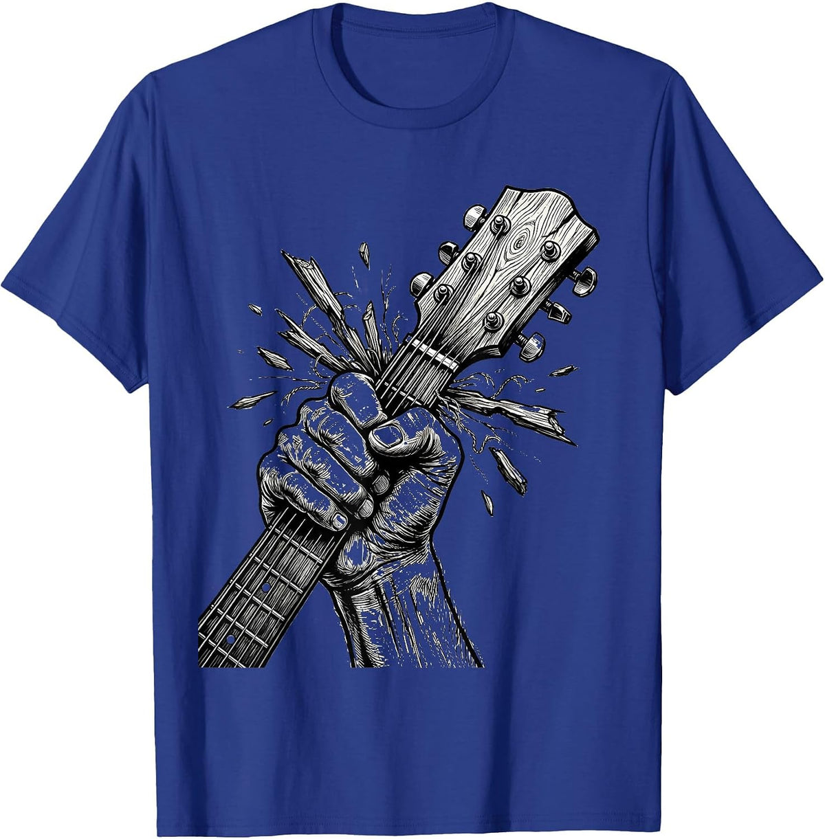 Clenched Fist Broken Guitar Neck Rock Music Art T-Shirt - Royal Blue