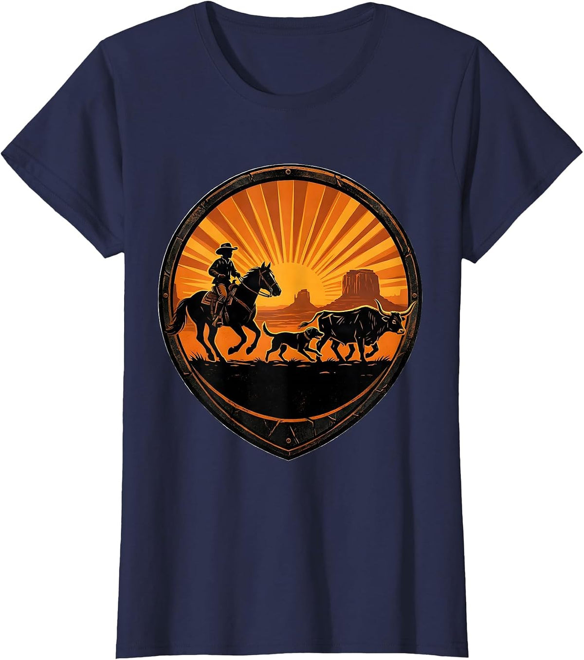 Women's Western Boy and Dog Herding Cattle at Dawn T-Shirt - Navy Blue