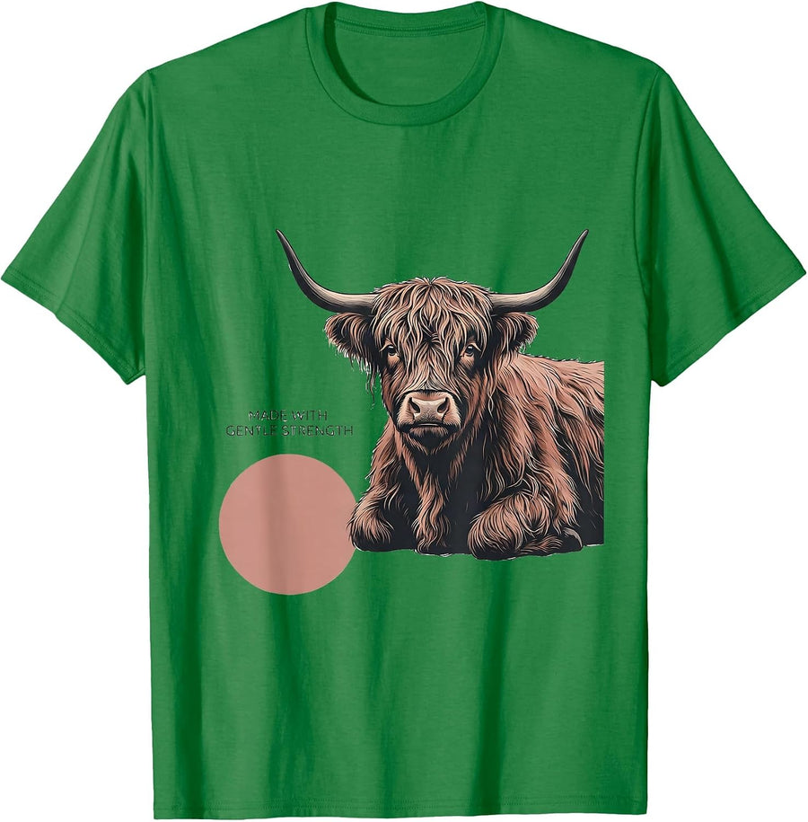 Men's Made With Gentle Strength Faith Highland Cow Farm Animal T-Shirt - Kelly Green