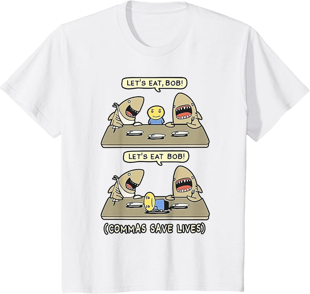 Commas Punctuation Shark Lets Eat Funny English Grammar T-Shirt - White