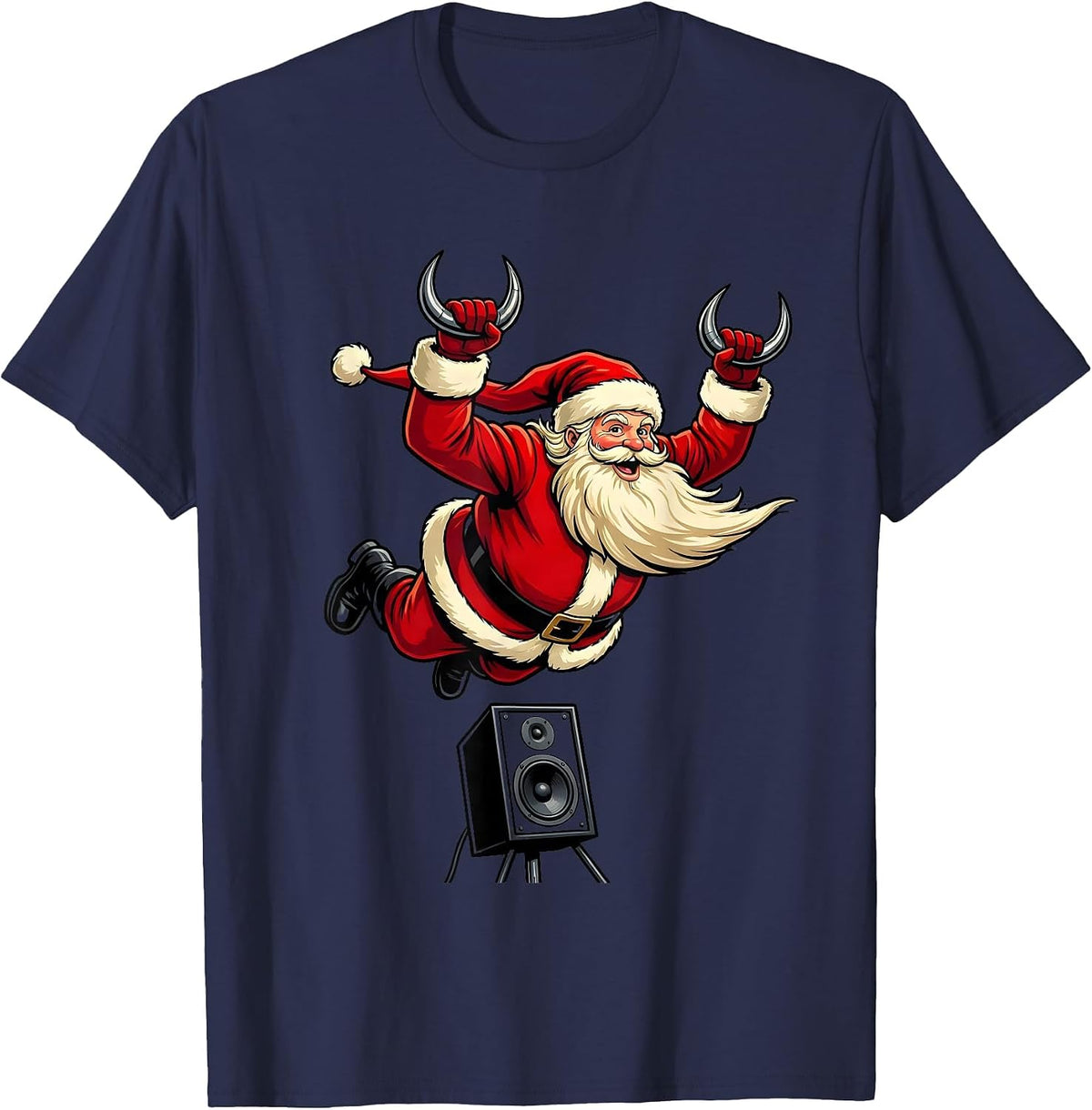 Sleigher Heavy Metal Santa Cartoon Rock Fan T-Shirt - Navy Blue