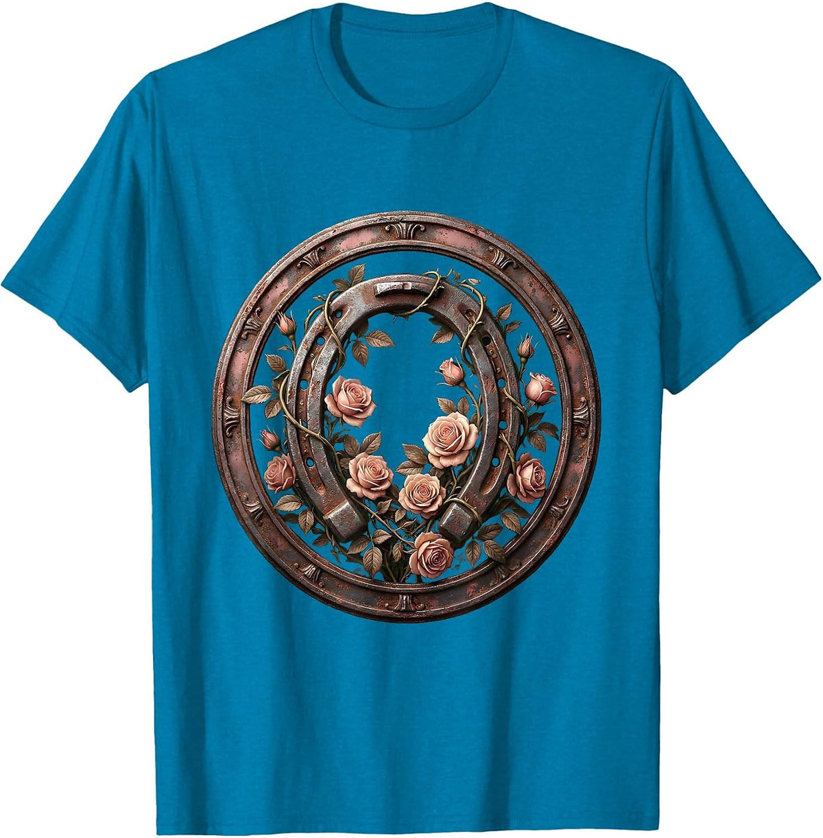 Floral Derby Horseshoe Climbing Roses Illustration T-Shirt - Sapphire Blue
