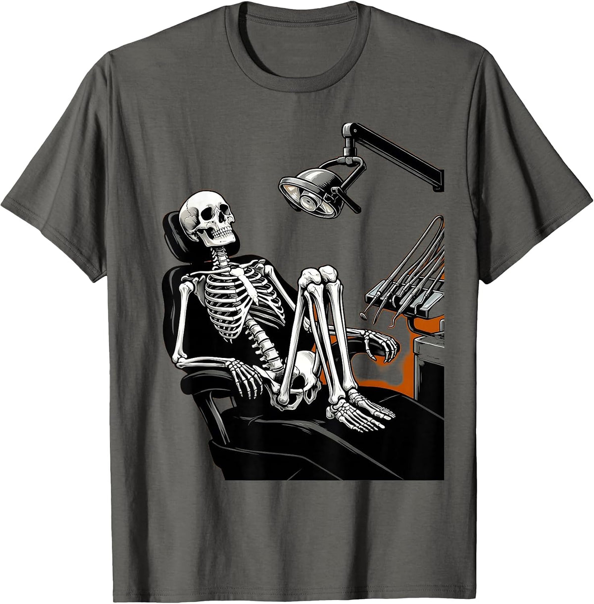 Nervous Skeleton at the Dentist Funny Halloween T-Shirt - Asphalt Grey