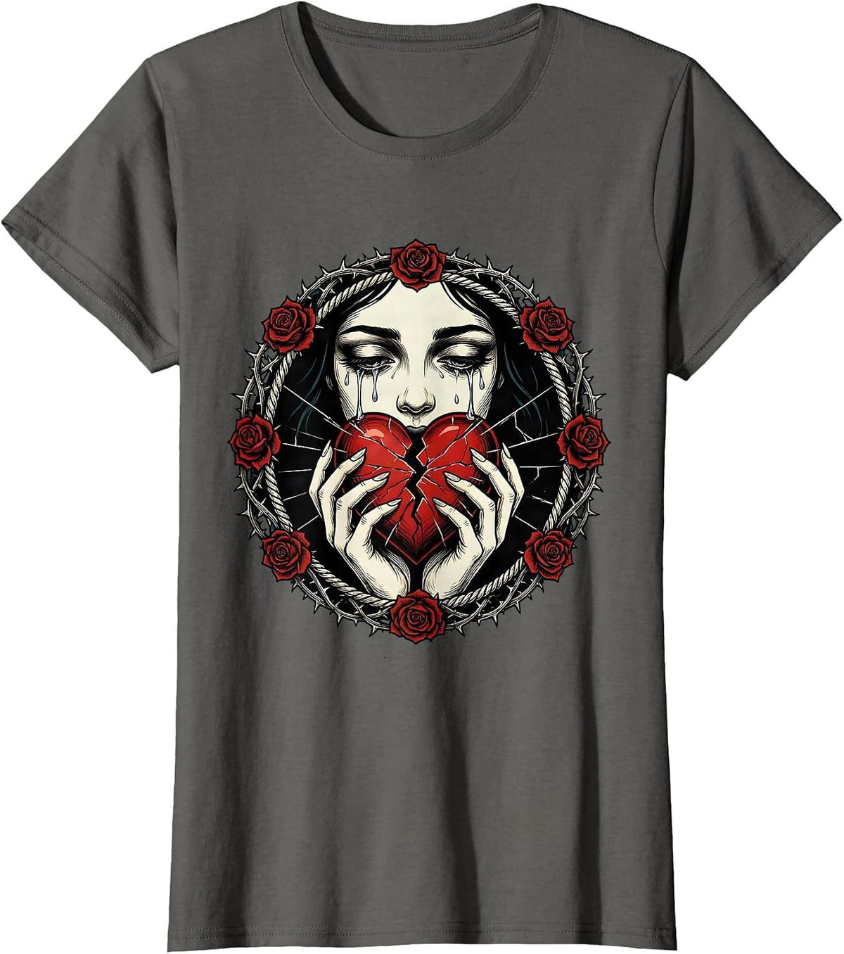 Women's Emo Broken Heart Glass Shard Illustration T-Shirt - Asphalt Grey