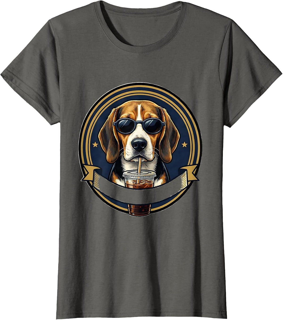 Women's Beagle Iced Coffee Emblem Funny Dog Lover Meme T-Shirt - Asphalt Grey