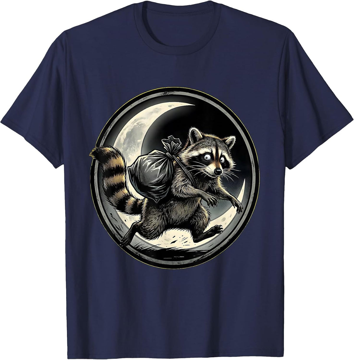 Funny Raccoon Midnight Garbage Thief Illustration T-Shirt - Navy Blue