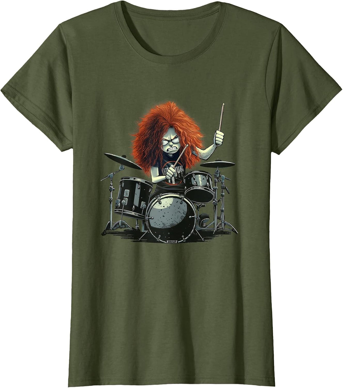 Funny Redhead Drummer Playing Drums T-Shirt - Olive Green