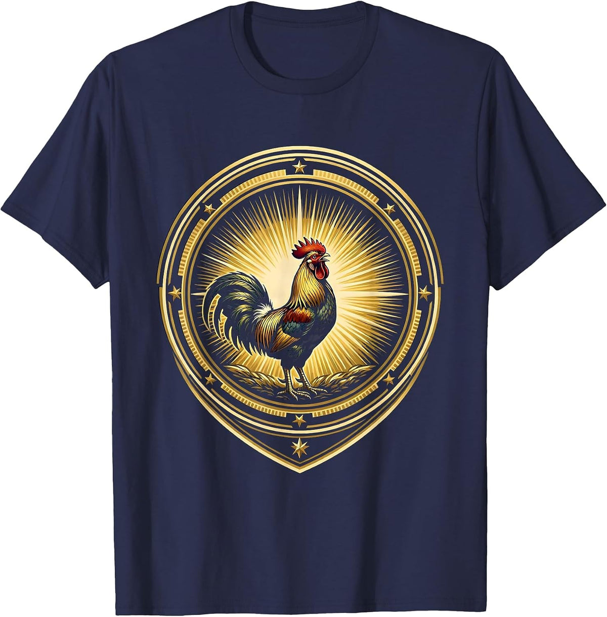 Men's Rooster Crowing at Sunrise Graphic Design T-Shirt - Navy Blue