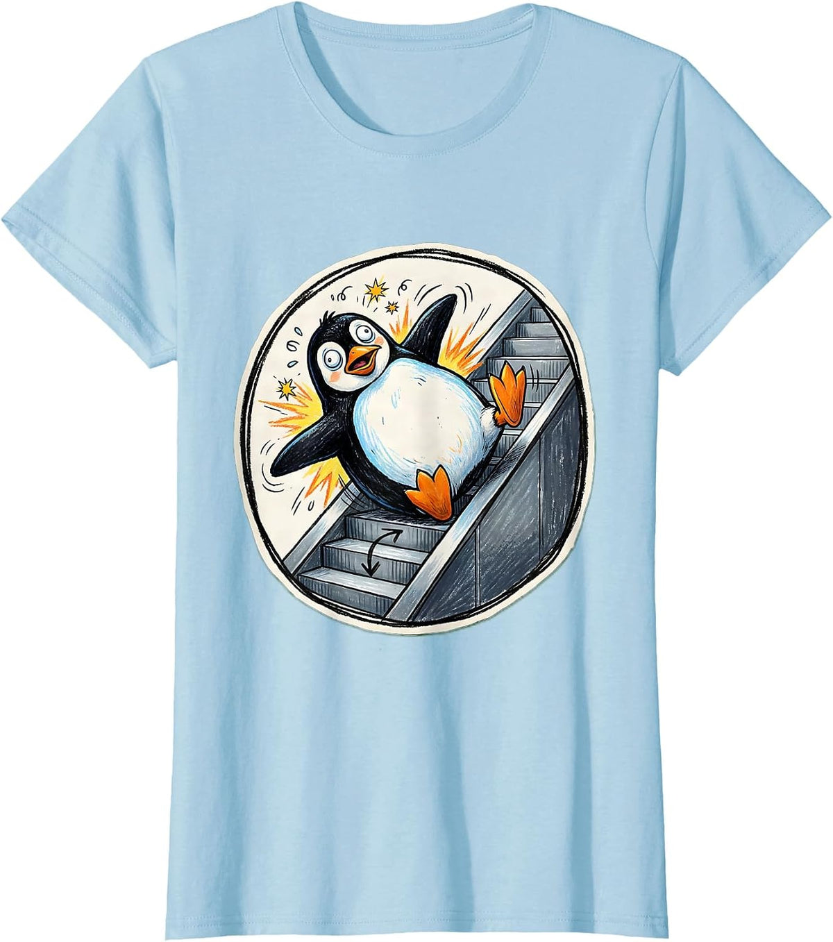 Funny Penguin Escalator Fail Graphic Design T-Shirt - Baby Blue