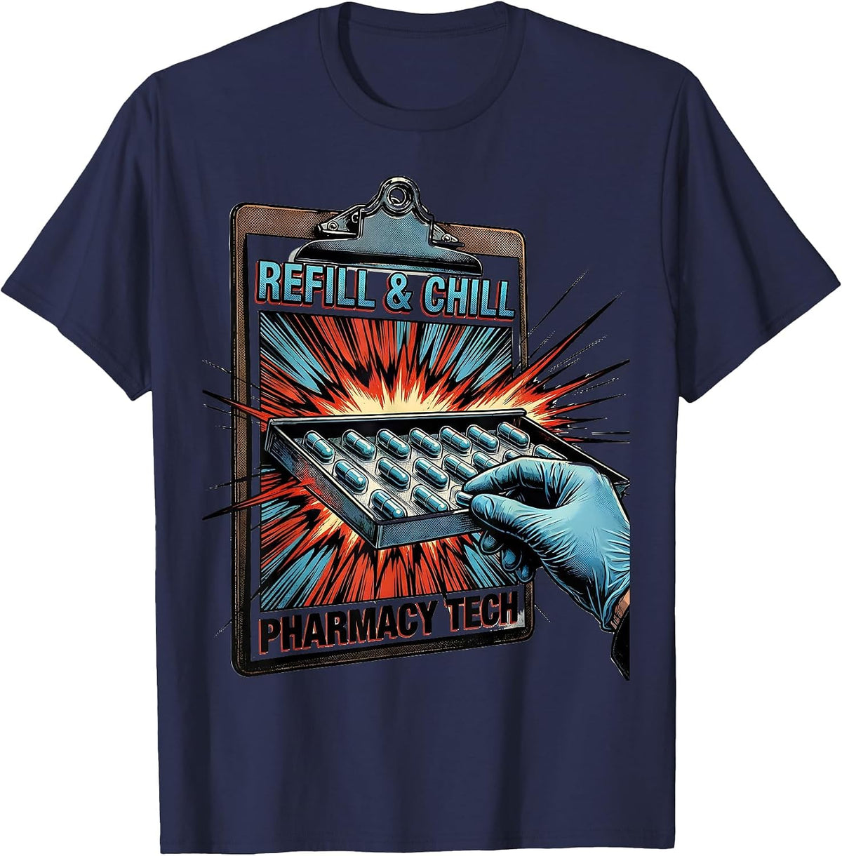 Men's Refill & Chill Pharmacy Tech Funny Pharmacy Technician T-Shirt - Navy Blue