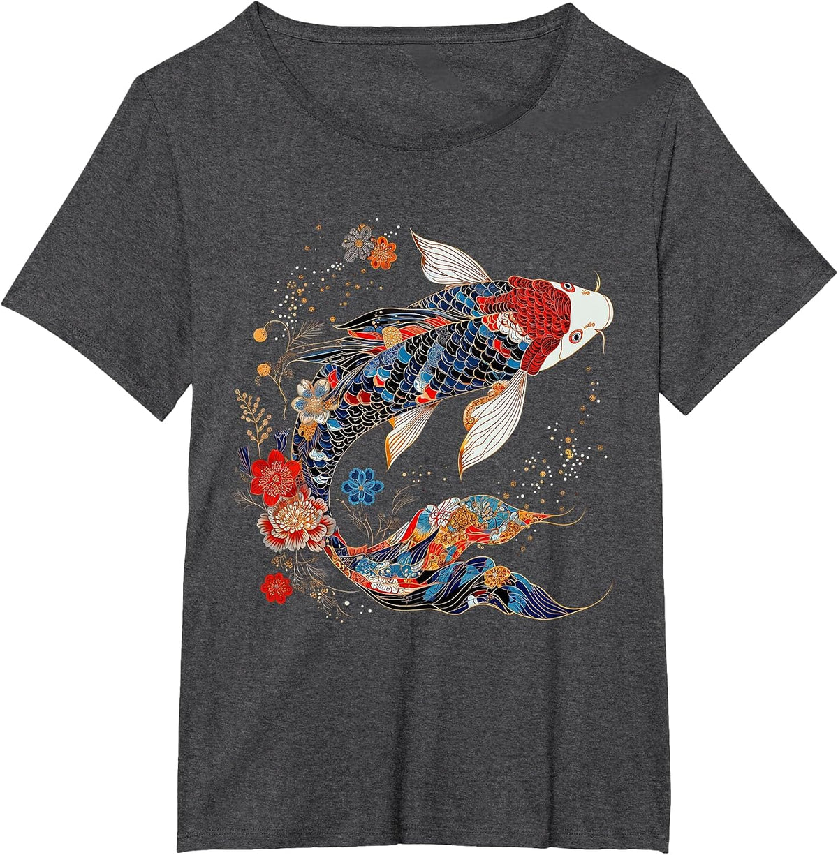 Koi Fish Vintage Flower Pattern Japanese Art Floral Koi Carp T-Shirt - Dark Heather Grey