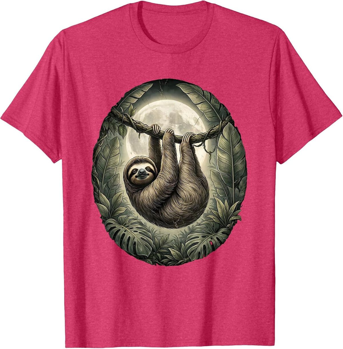 Men's Sloth Hanging from Moonlit Jungle Vine T-Shirt - Red Heather