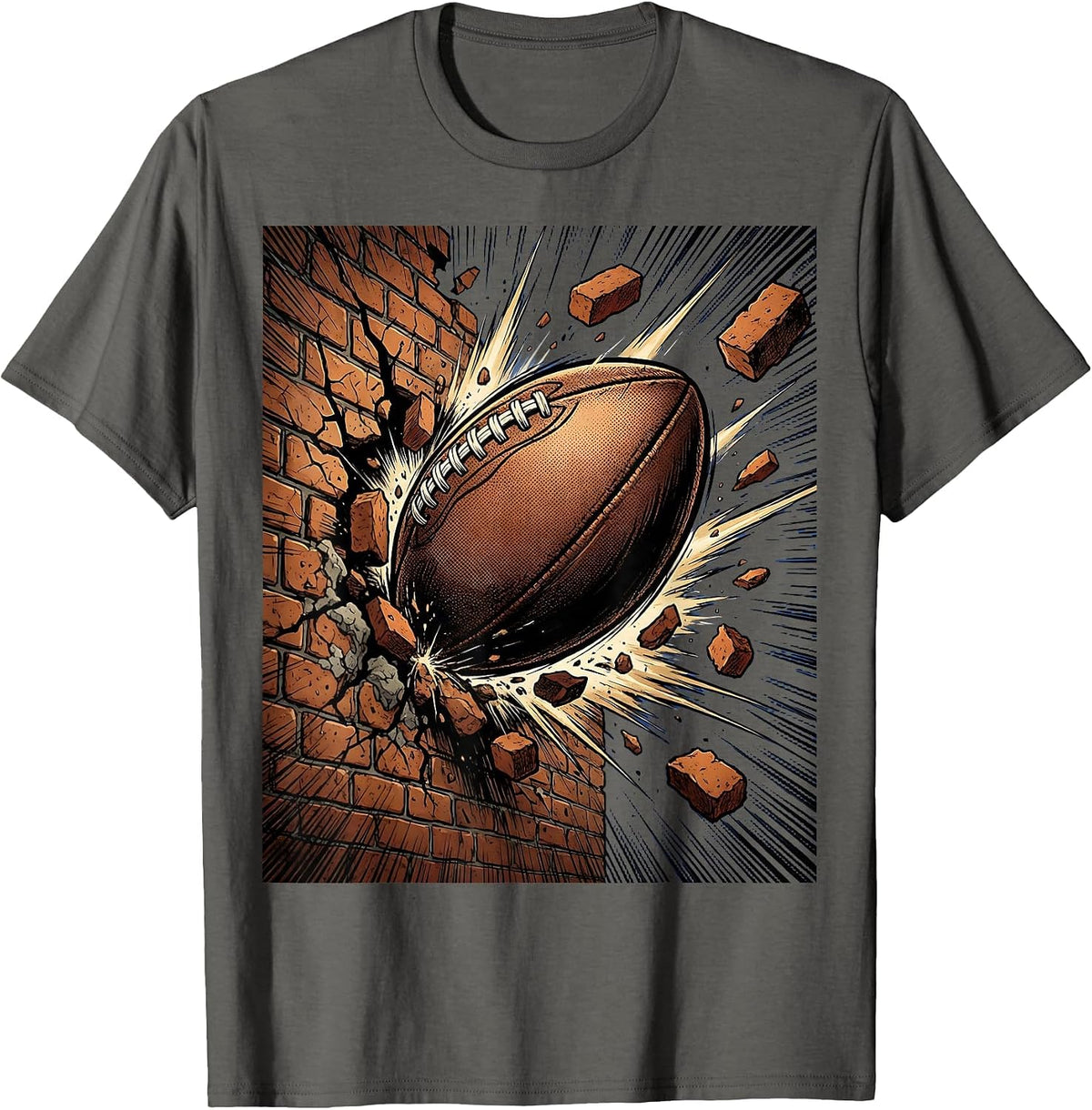 Rugby Ball Smashing Through Brick Wall Graphic T-Shirt - Asphalt Grey