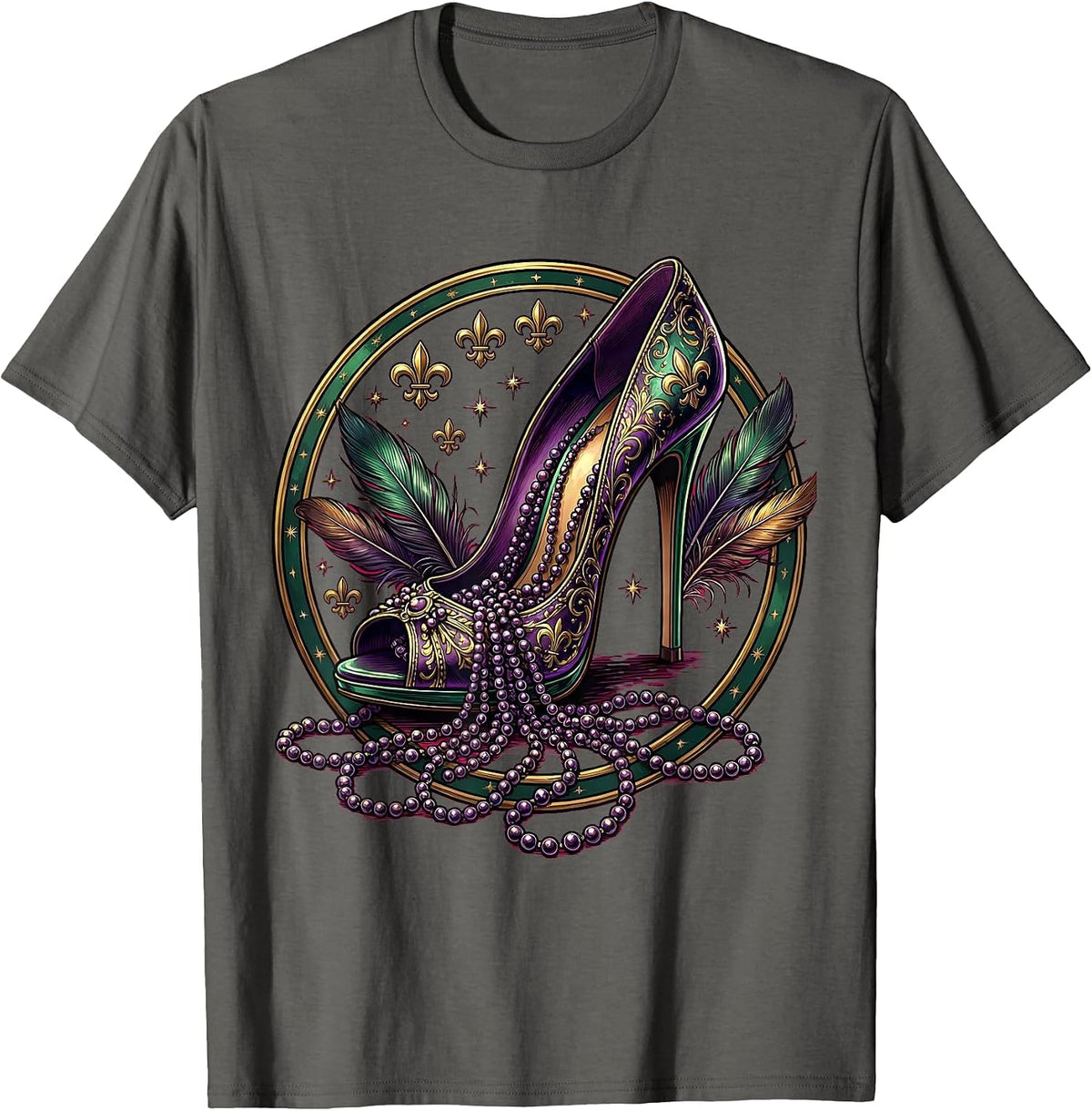 Mardi Gras High Heel Beads Festive Illustration T-Shirt - Asphalt Grey