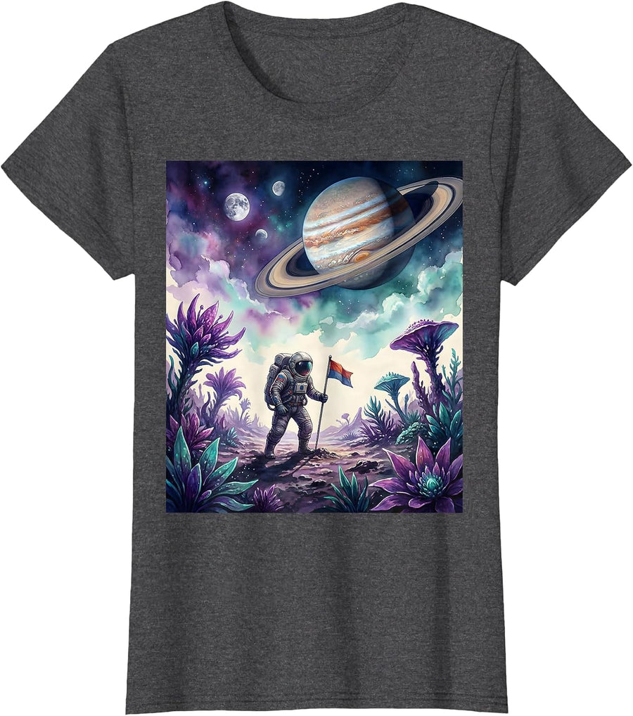 Women's Astronaut Planting Flag on Colorful Alien Planet T-Shirt - Dark Heather Grey