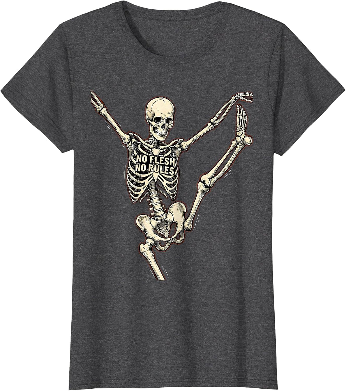 Women's Dancing Skeleton No Flesh No Rules Graphic Design T-Shirt - Dark Heather Grey