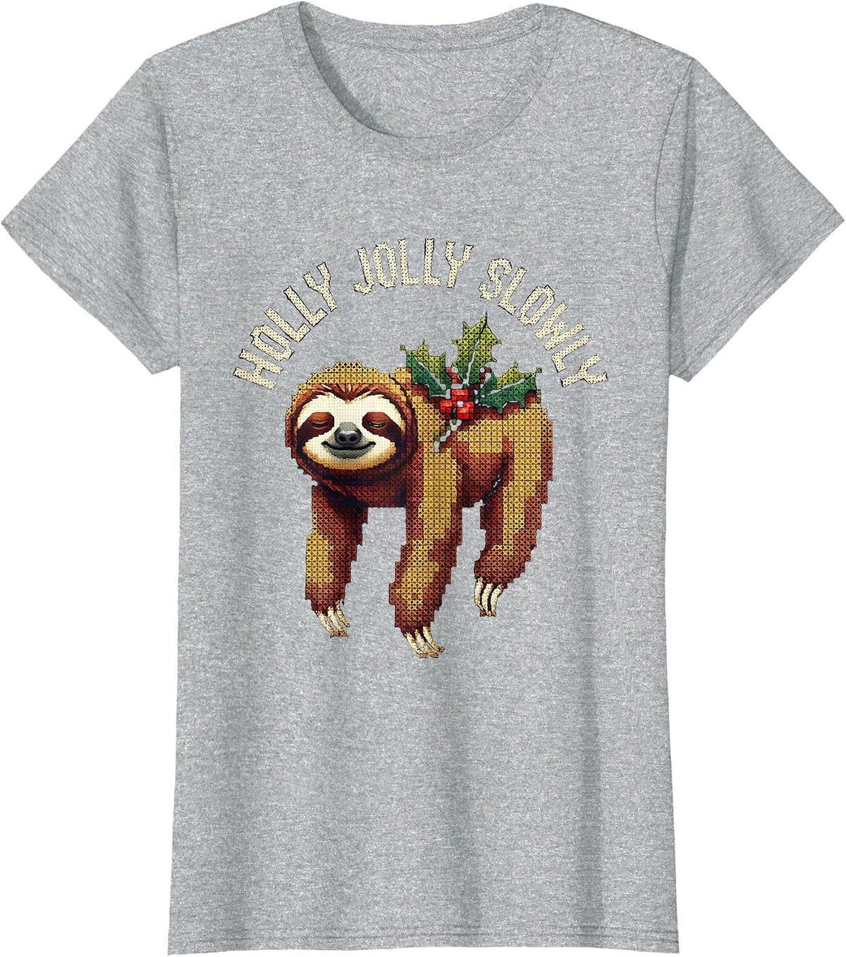 Holly Jolly Slowly Cross Stitch Sampler Sloth Lover T-Shirt - Heather Grey