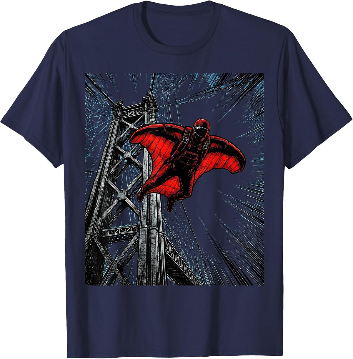 Base Jumper Launching From Suspension Bridge Tower T-Shirt - Navy Blue