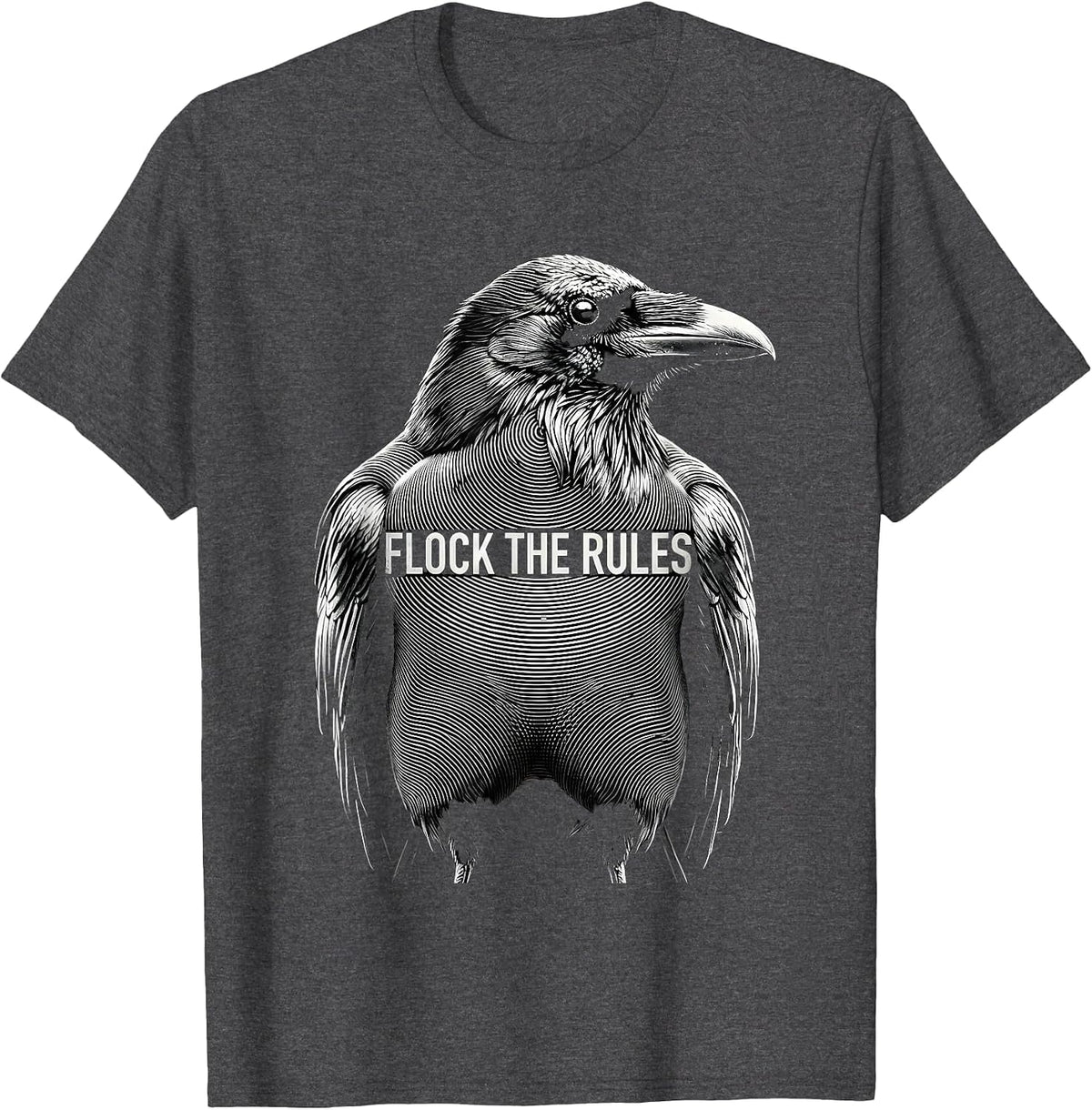 Flock The Rules Bold Crow Graphic Design T-Shirt - Dark Heather Grey