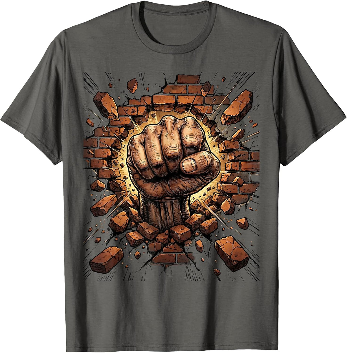 Grunge Fist Through Brick Wall Graphic Tee T-Shirt - Asphalt Grey