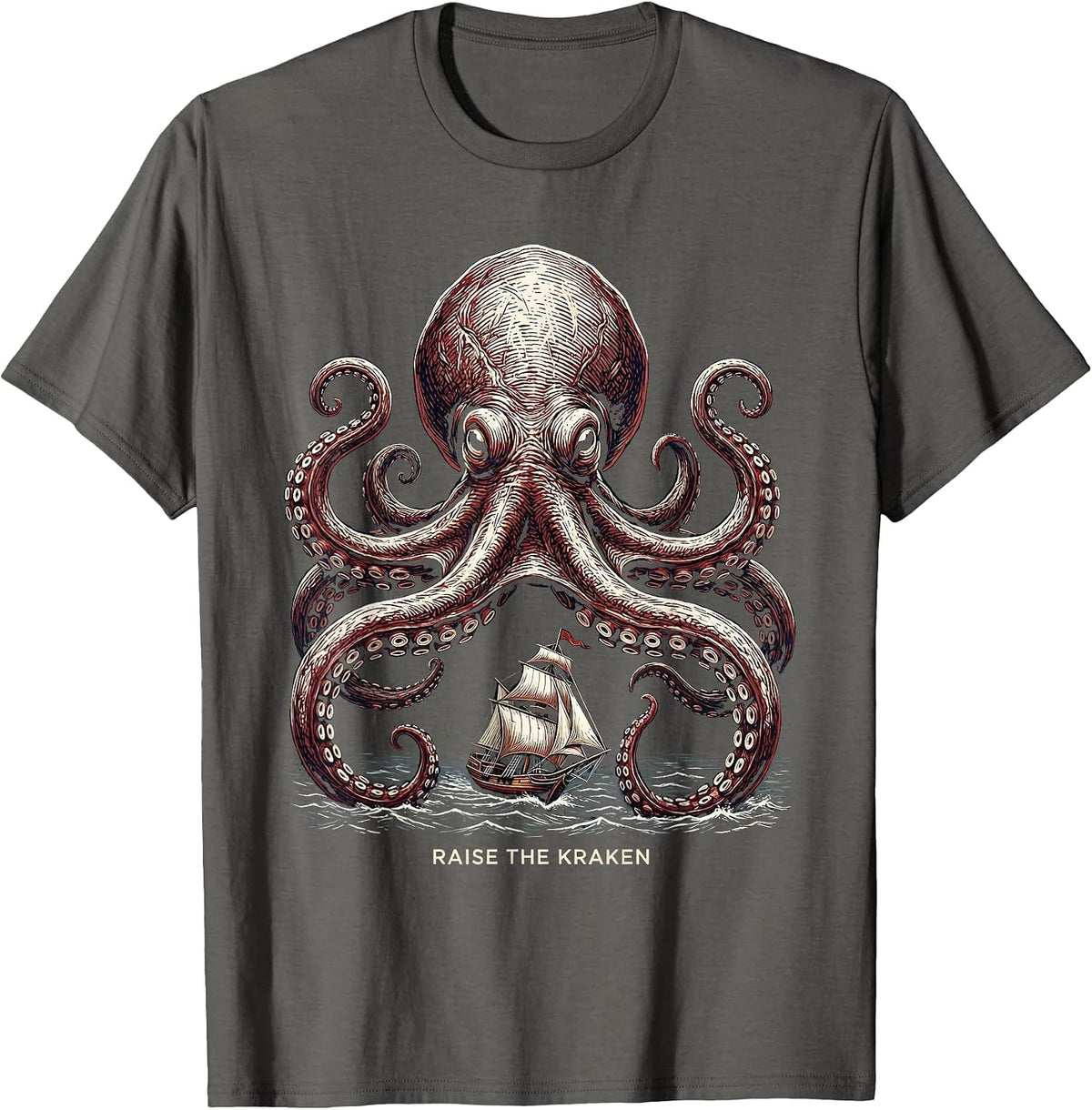 Raise The Kraken Woodcut Engraving Octopus Lover Marine T-Shirt - Asphalt Grey
