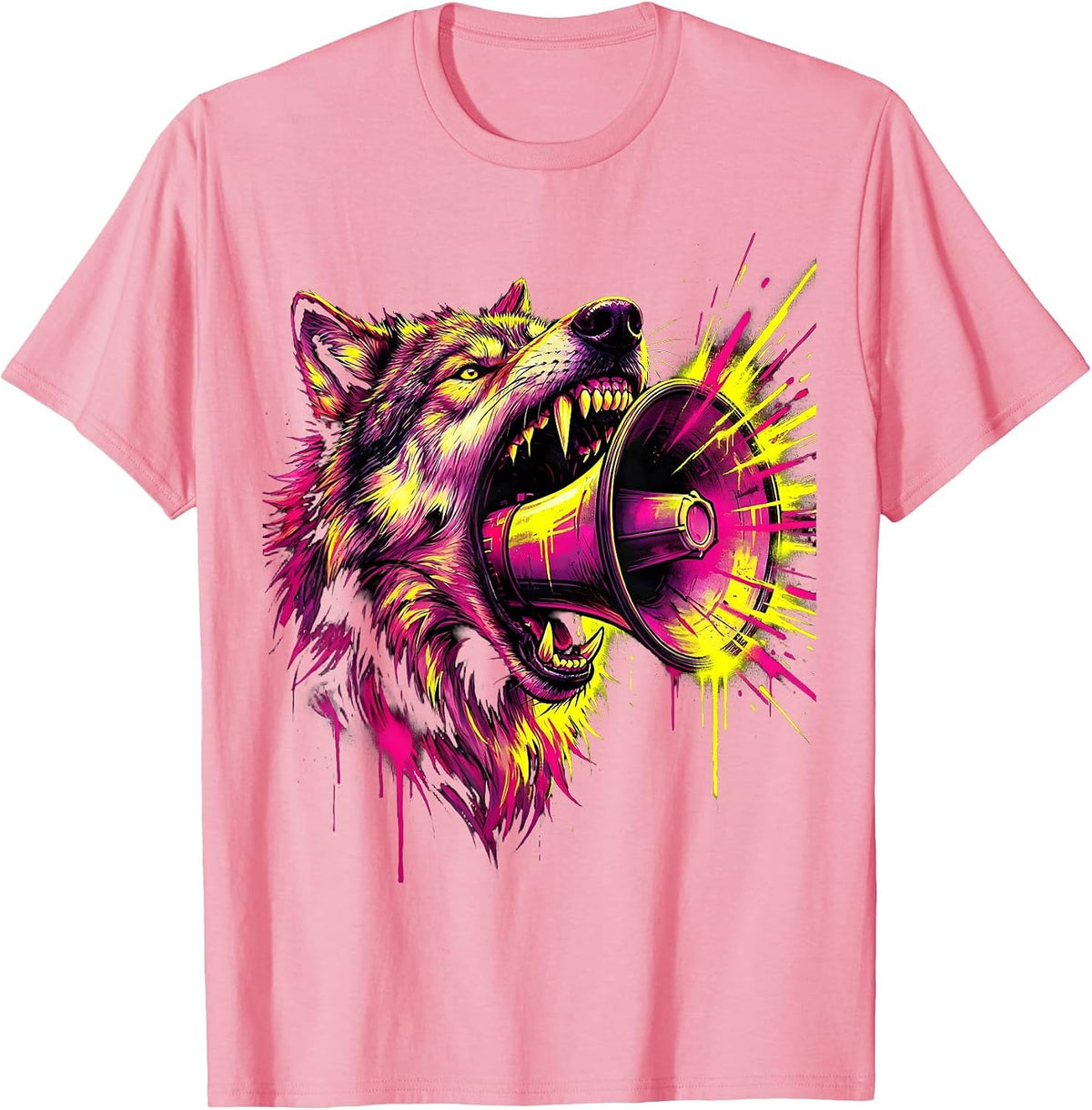Men's Wolf Howling Megaphone Rock Music Graphic T-Shirt - Pink
