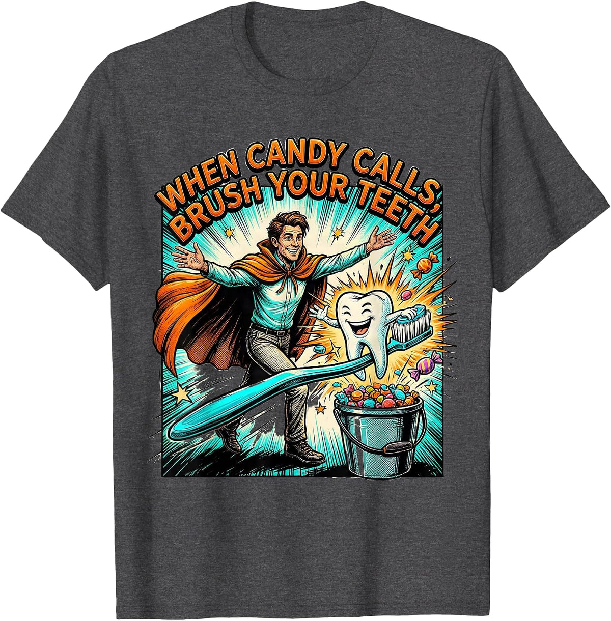 When Candy Calls Brush Your Teeth Halloween Dentist Dental T-Shirt - Dark Heather Grey