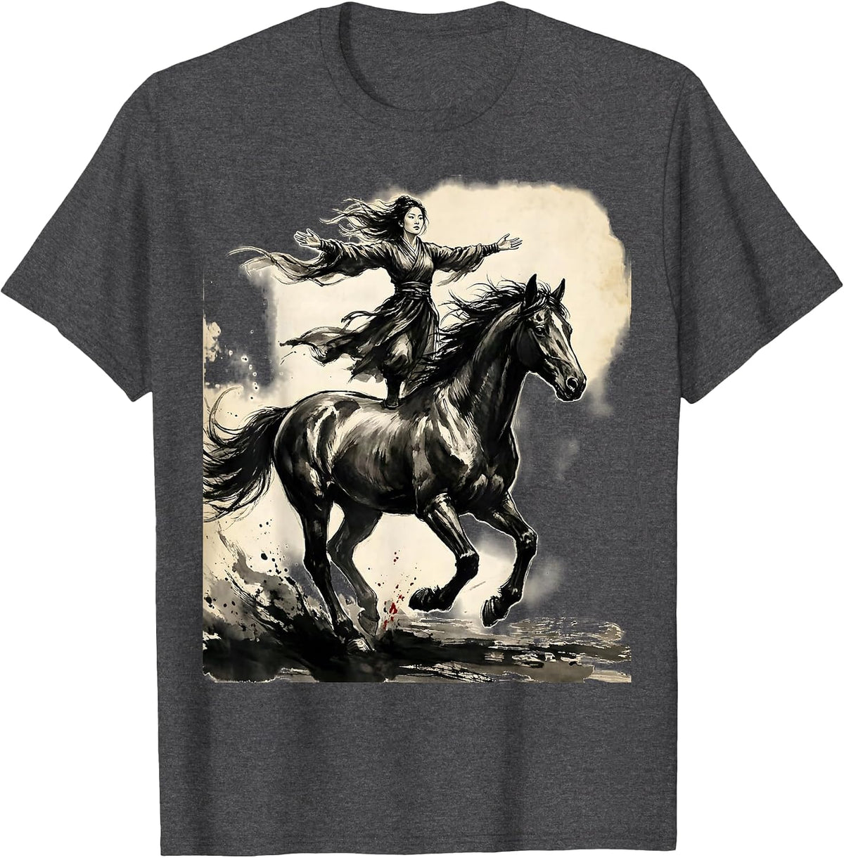 Girl Standing on Horse Back Equestrian Art T-Shirt - Dark Heather Grey