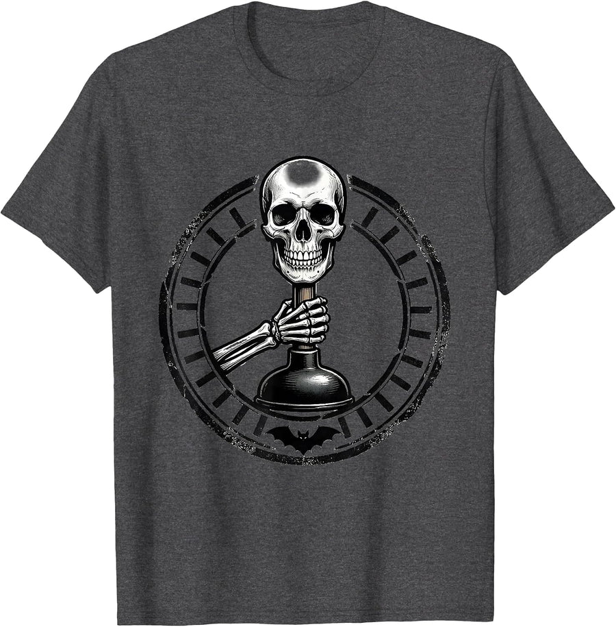 Men's Grinning Skull Plumber Stamp Halloween Costume Parody T-Shirt - Dark Heather Grey