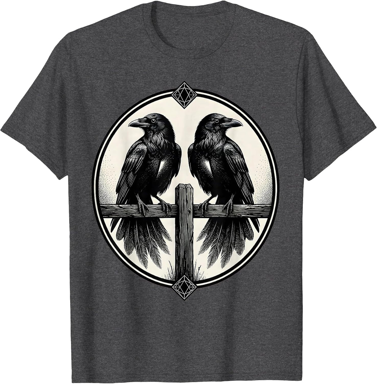 Two Crows on a Fence Post Illustration T-Shirt - Dark Heather Grey