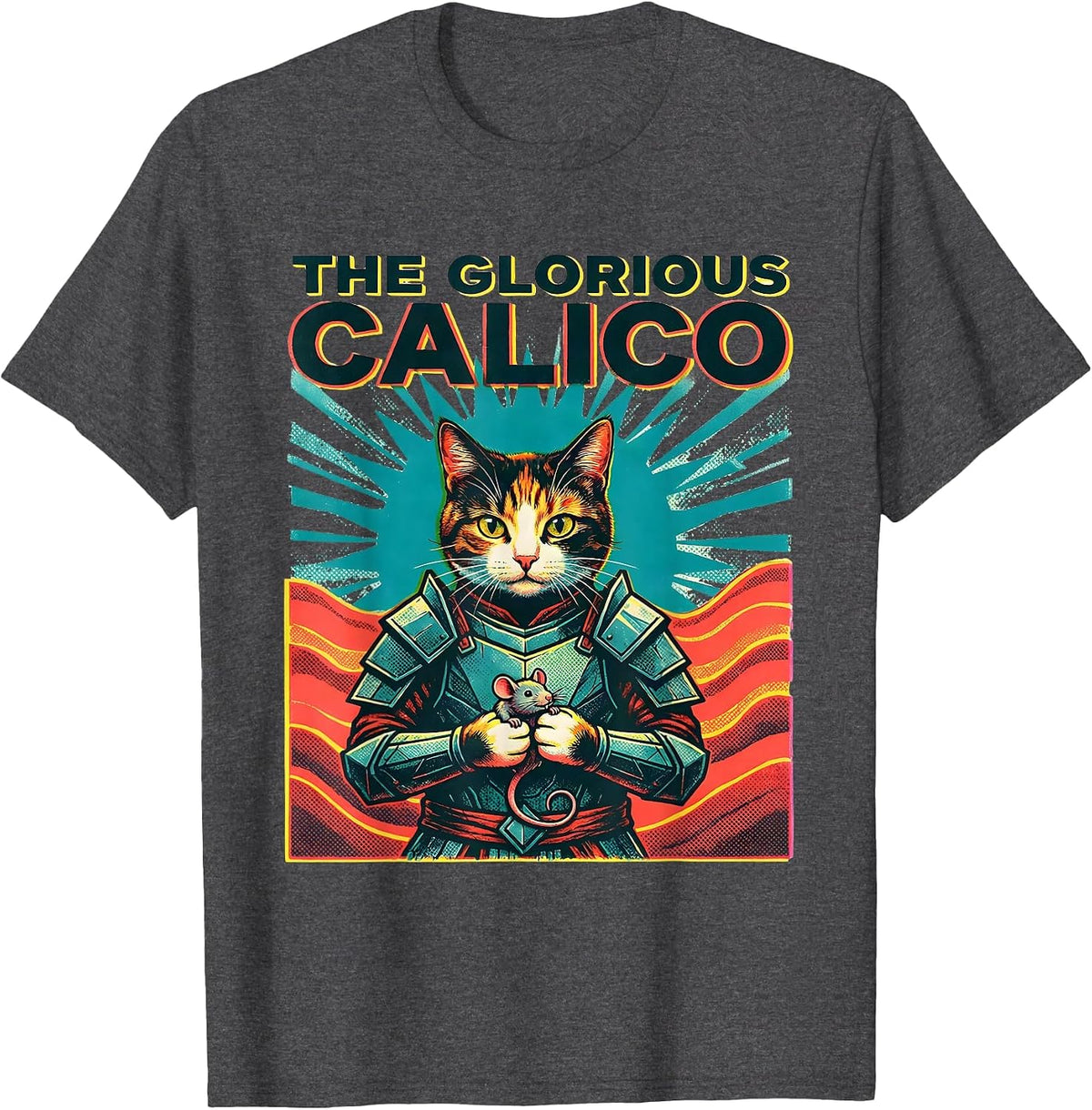Men's The Glorious Calico Risograph Anime Cat Warrior Art Funny T-Shirt - Dark Heather Grey