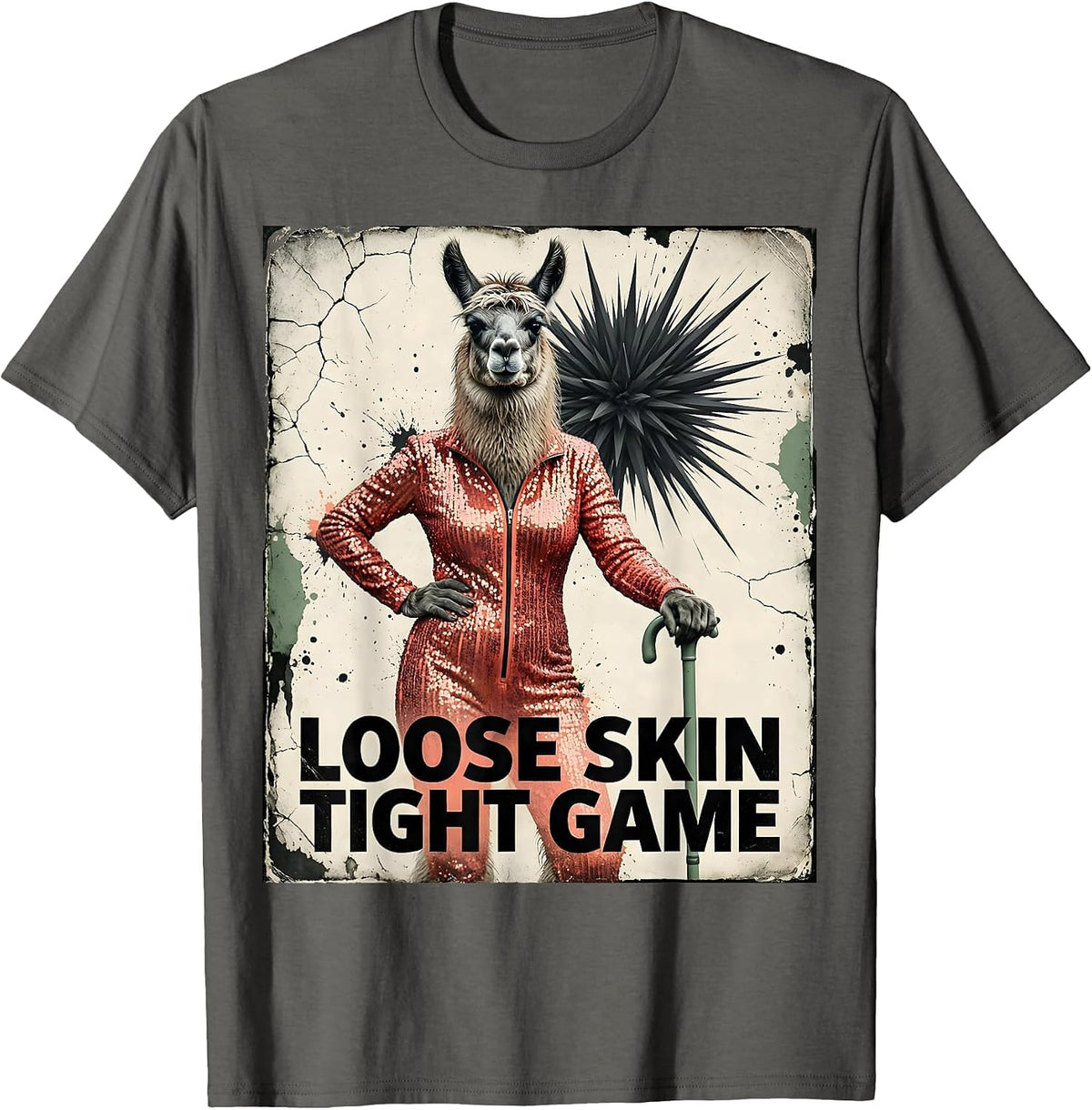 Men's Loose Skin Tight Game Distressed Funny Elderly Llama Meme T-Shirt - Asphalt Grey