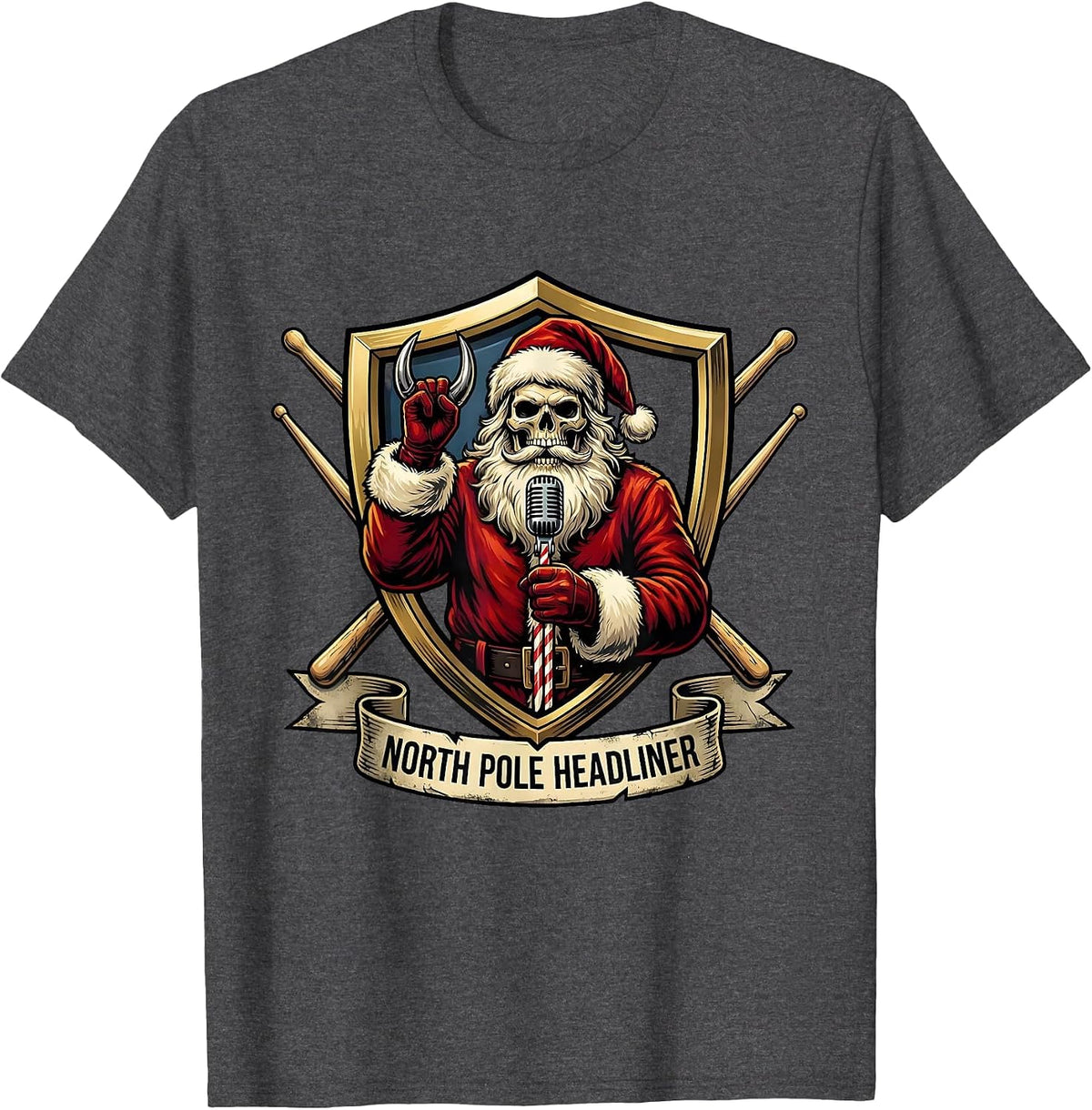 Men's North Pole Headliner Heavy Metal Santa Rock On Christmas T-Shirt - Dark Heather Grey