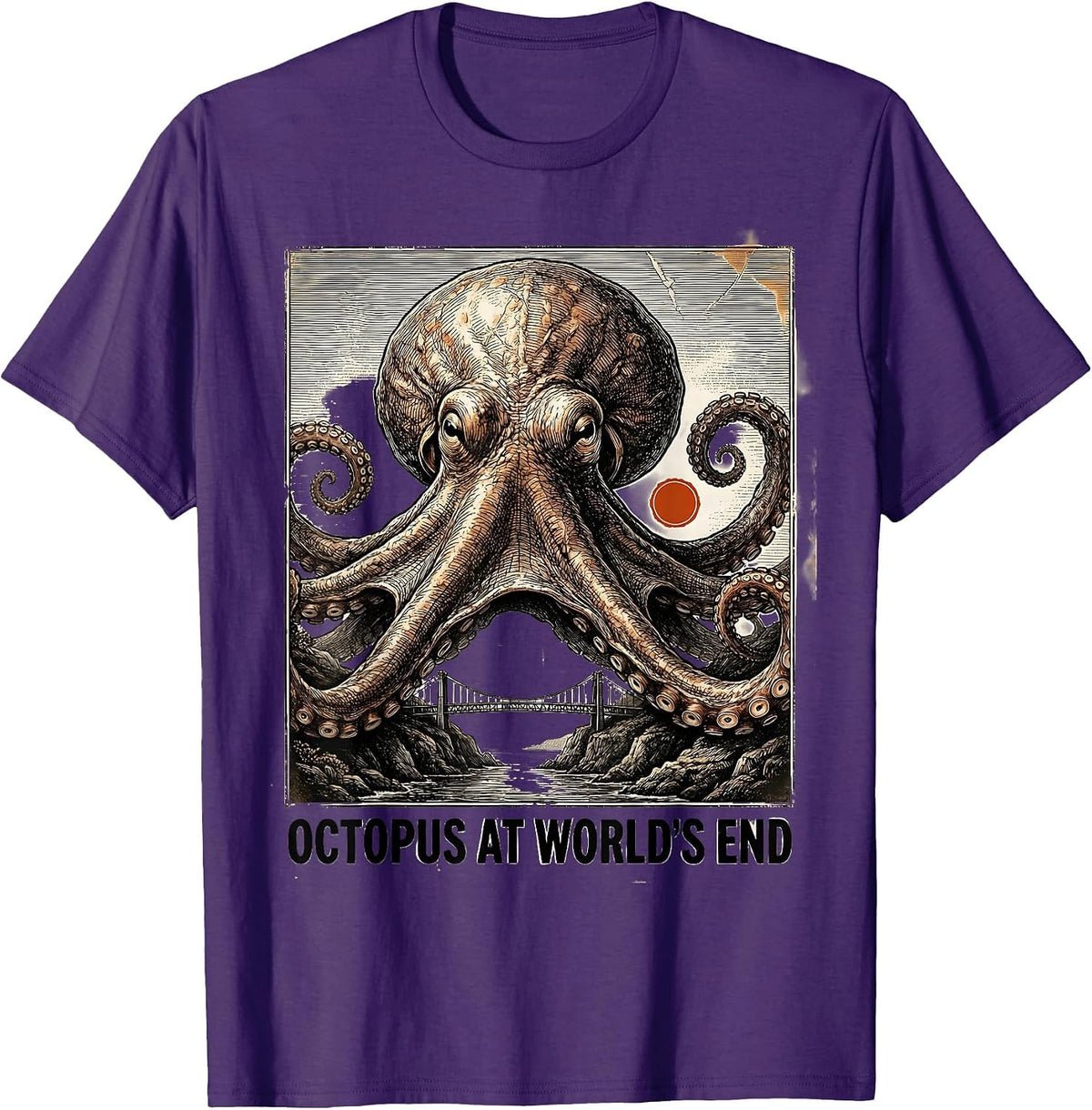 Men's Octopus at World's End Antique Plate-Illustration Octopus T-Shirt - Purple