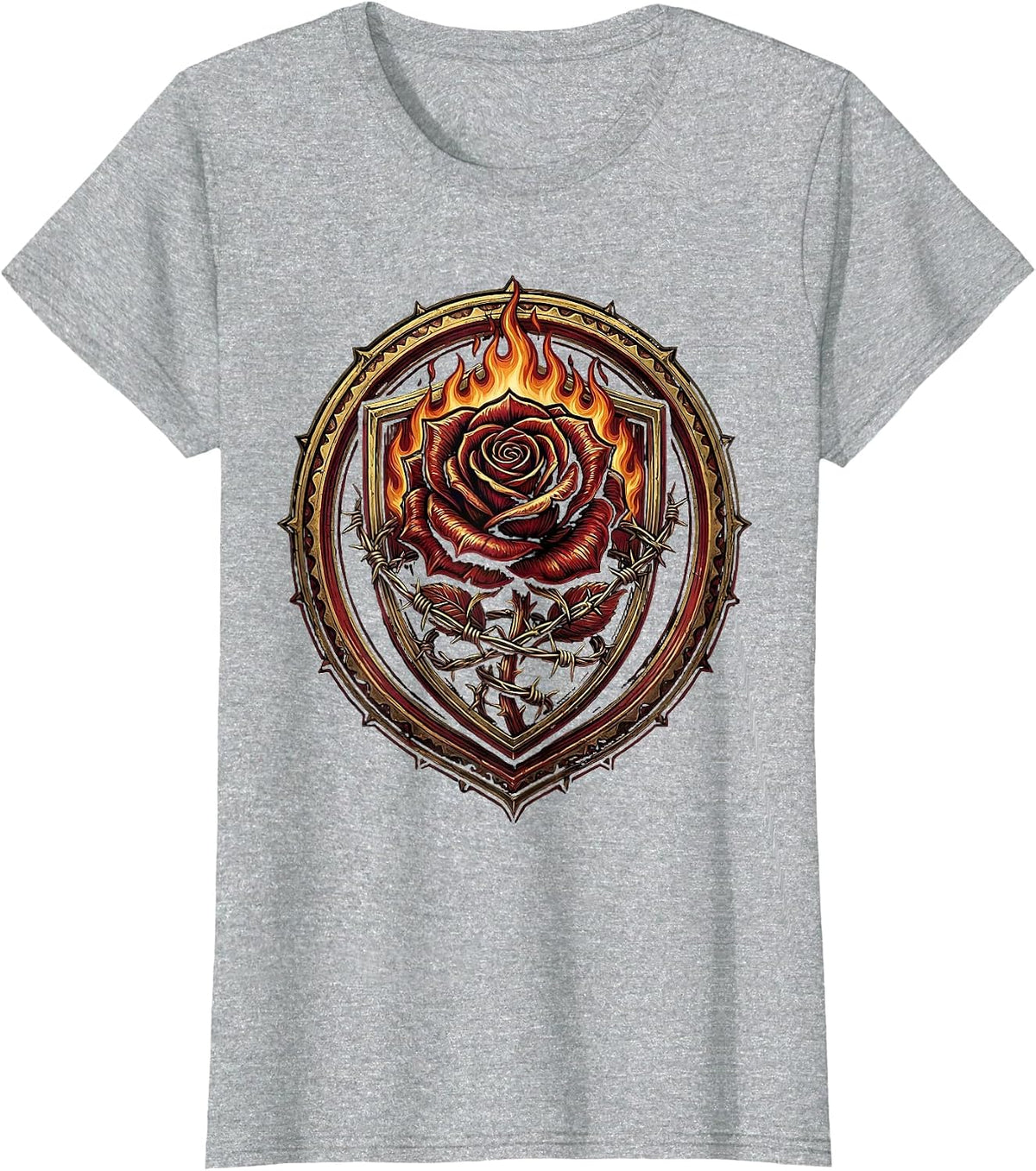 Women's Burning Rose Barbed Wire Metal Band Graphic T-Shirt - Heather Grey