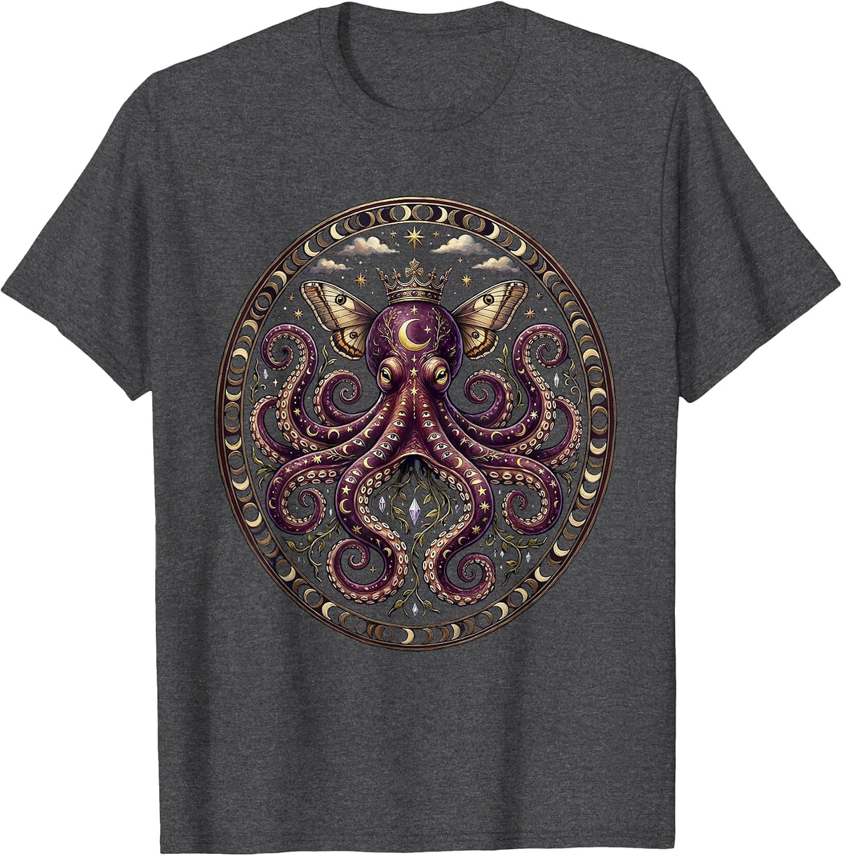 Men's Regal Octopus Wearing a Tiny Golden Crown T-Shirt - Dark Heather Grey