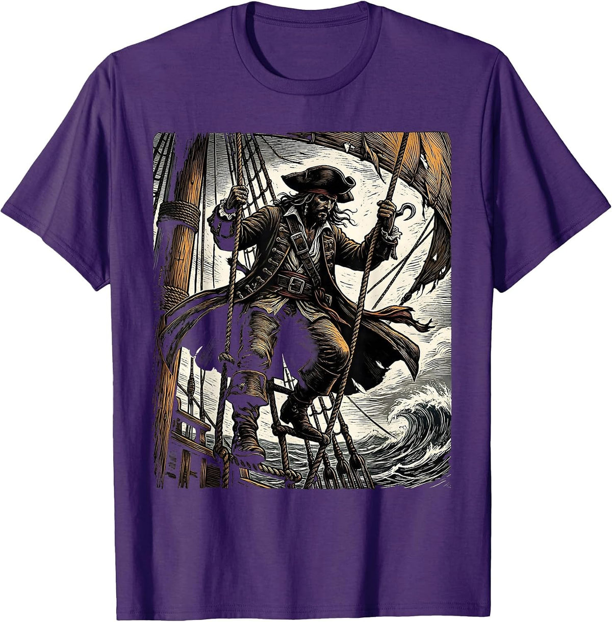 Shadowy Pirate Climbing Ship Rope Ladder T-Shirt - Purple