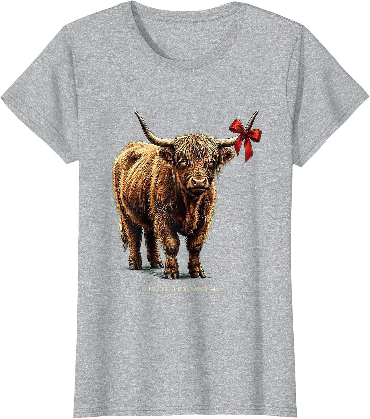 Women's Mooey Christmas, Y'all Funny Highland Cow Farm Humor T-Shirt - Heather Grey