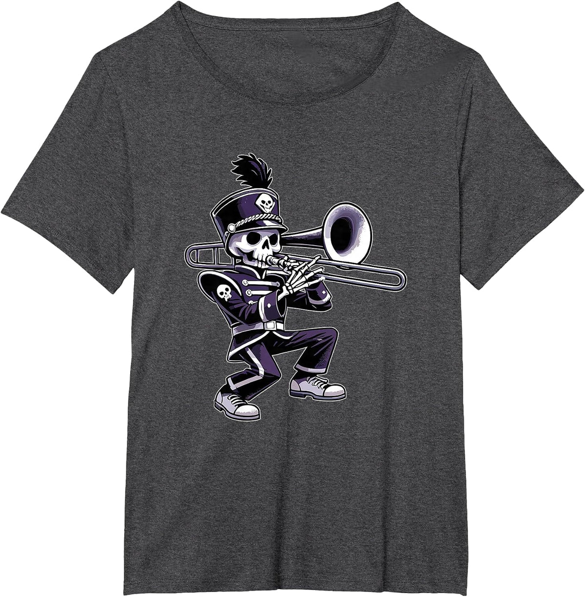 Halloween Skeleton School Marching Band Trombone Player T-Shirt - Dark Heather Grey