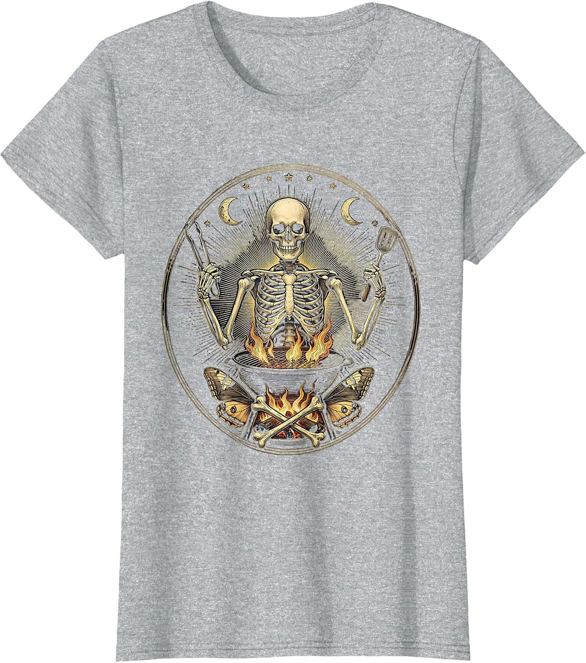 Skeleton Dad Grilling Burgers Backyard BBQ T-Shirt - Heather Grey