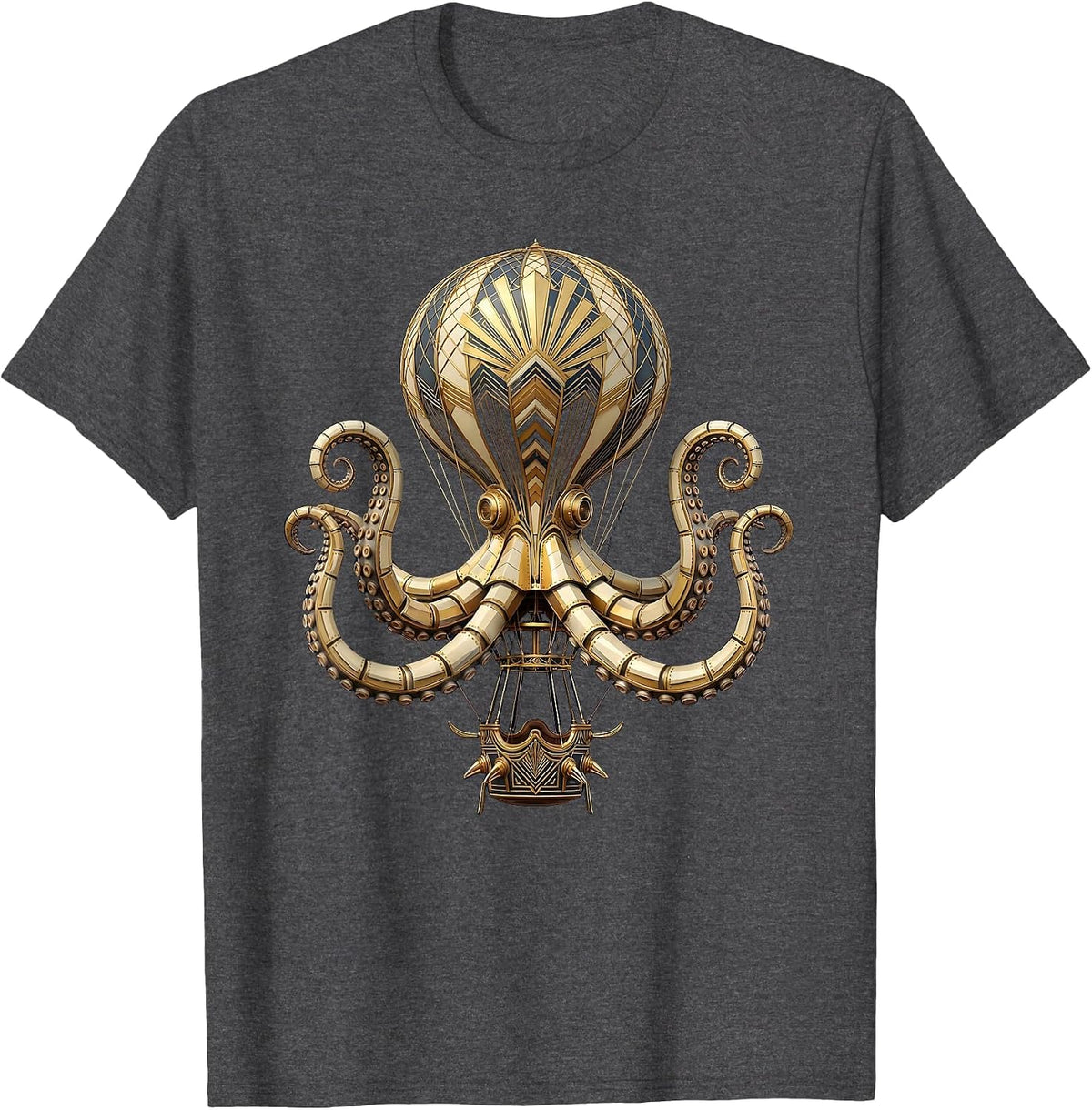 Men's Steampunk Octopus Gripping a Hot Air Balloon T-Shirt - Dark Heather Grey
