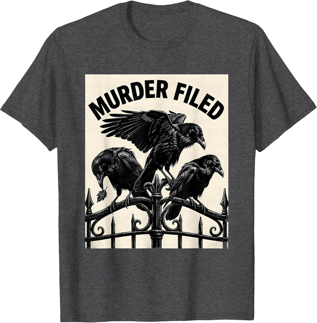 Men's Murder Filed Scratchboard Crow Dark Humor Gothic Bird Lover T-Shirt - Dark Heather Grey