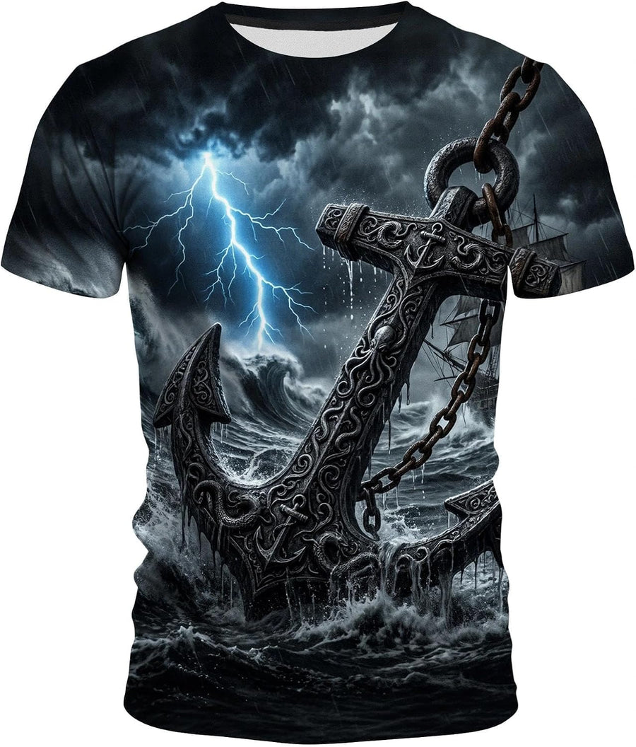Funny Pirate Ship Graphic 3D Anchor T-Shirt Short Sleeve Crewneck Ocean Shirts for Men S-4XL - Anchor-01