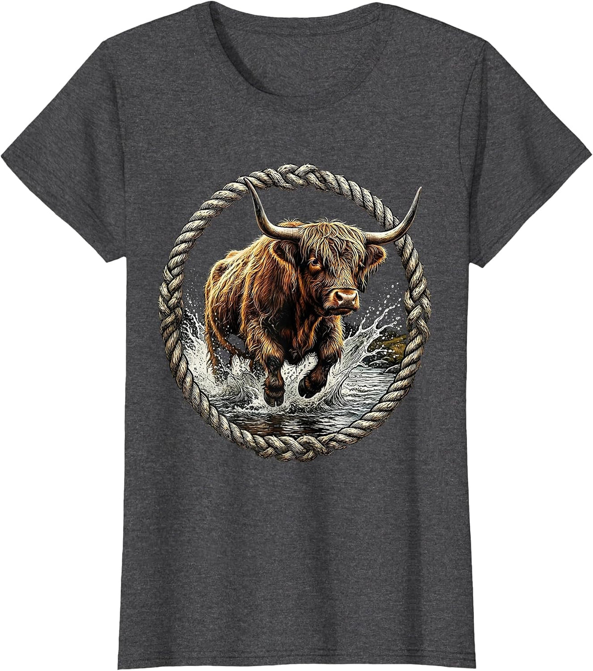 Women's Highland Cow Charging Through River Crossing T-Shirt - Dark Heather Grey