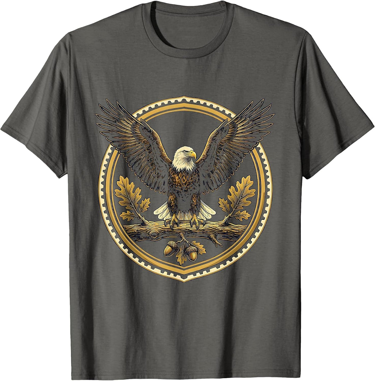 Men's Bald Eagle Perched on Oak Branch Illustration T-Shirt - Asphalt Grey