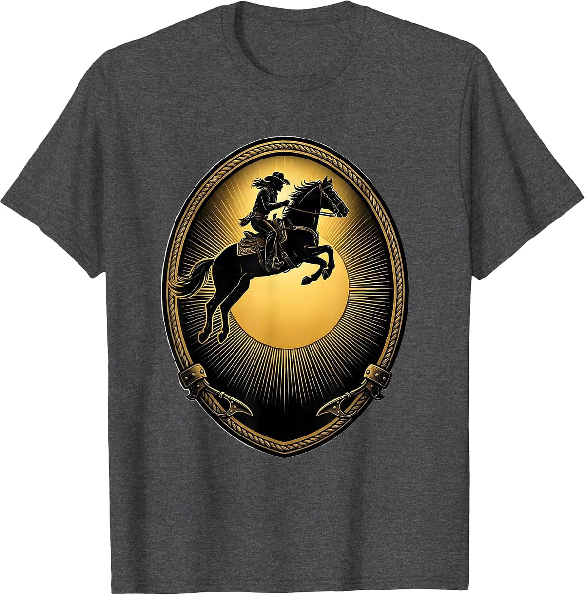 Cowgirl and Horse Jumping Over Setting Sun T-Shirt - Dark Heather Grey